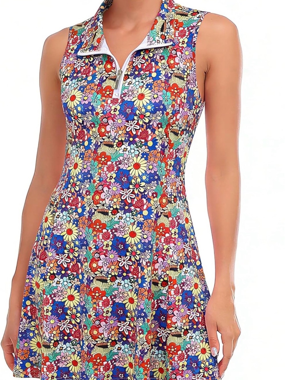Sleeveless with Shorts Pockets Floral Zip-Front Dress in Multicolor-Quick Dry XL